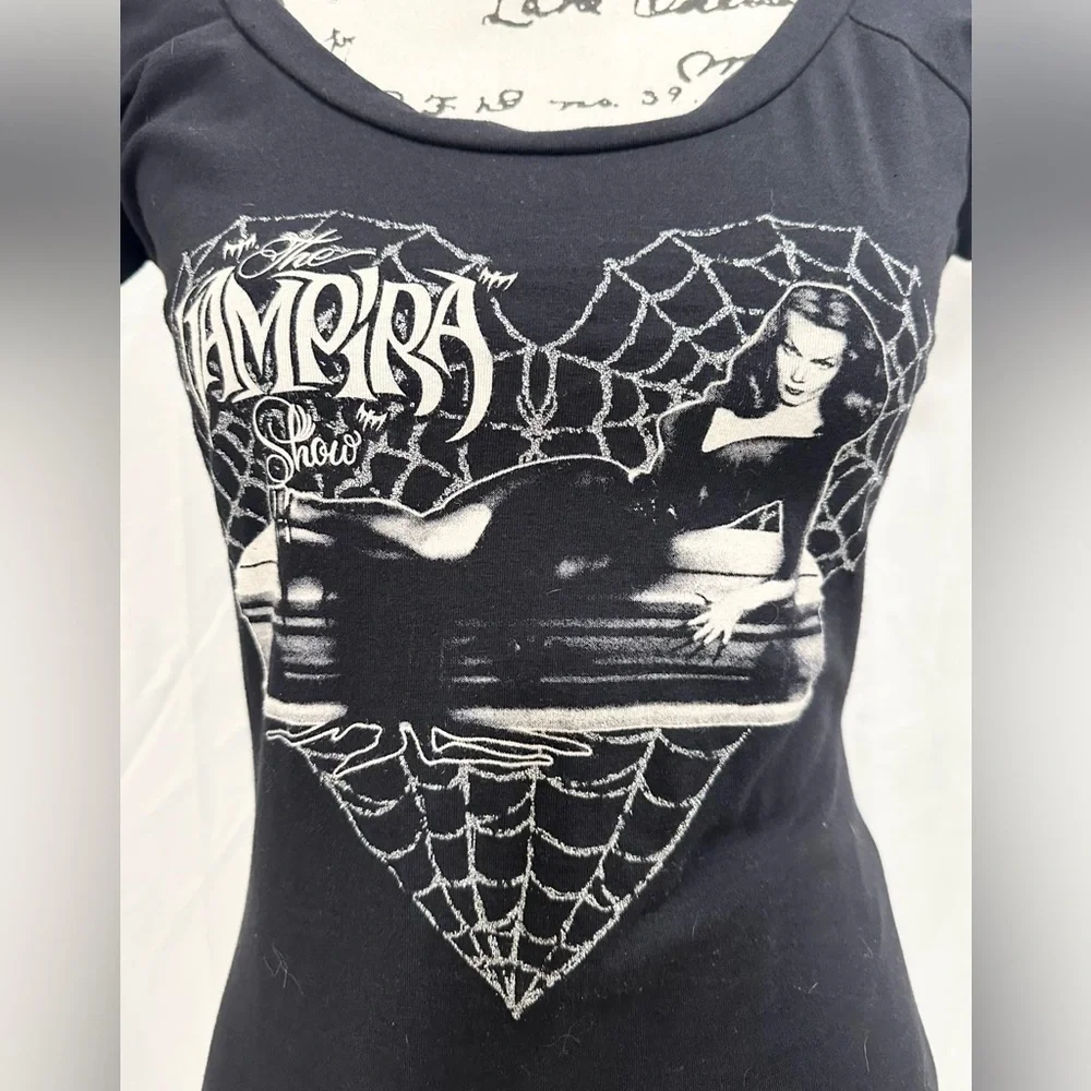 Kreepsville 666 Vampira Glitter Spiderweb Body Contour Scoop Neck Tshirt Top - Picture 3 of 4